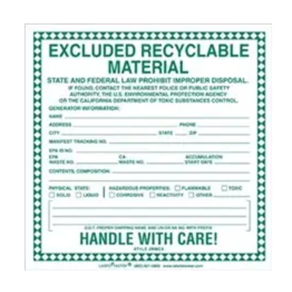 EXCLUDED RECYCLABLE MATERIAL LABEL FOR 12MM UN/NA, PAPER, PACK OF 100