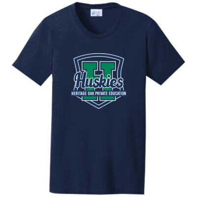 Port & Co. LPC55 Heritage Oak Spiritwear 50/50 Cotton Poly Blend Huskies Shield Tee Thumbnail