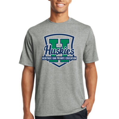 Sport Tek ST340 Heritage Oak Spiritwear Dry Fit Huskies Shield Tee Thumbnail